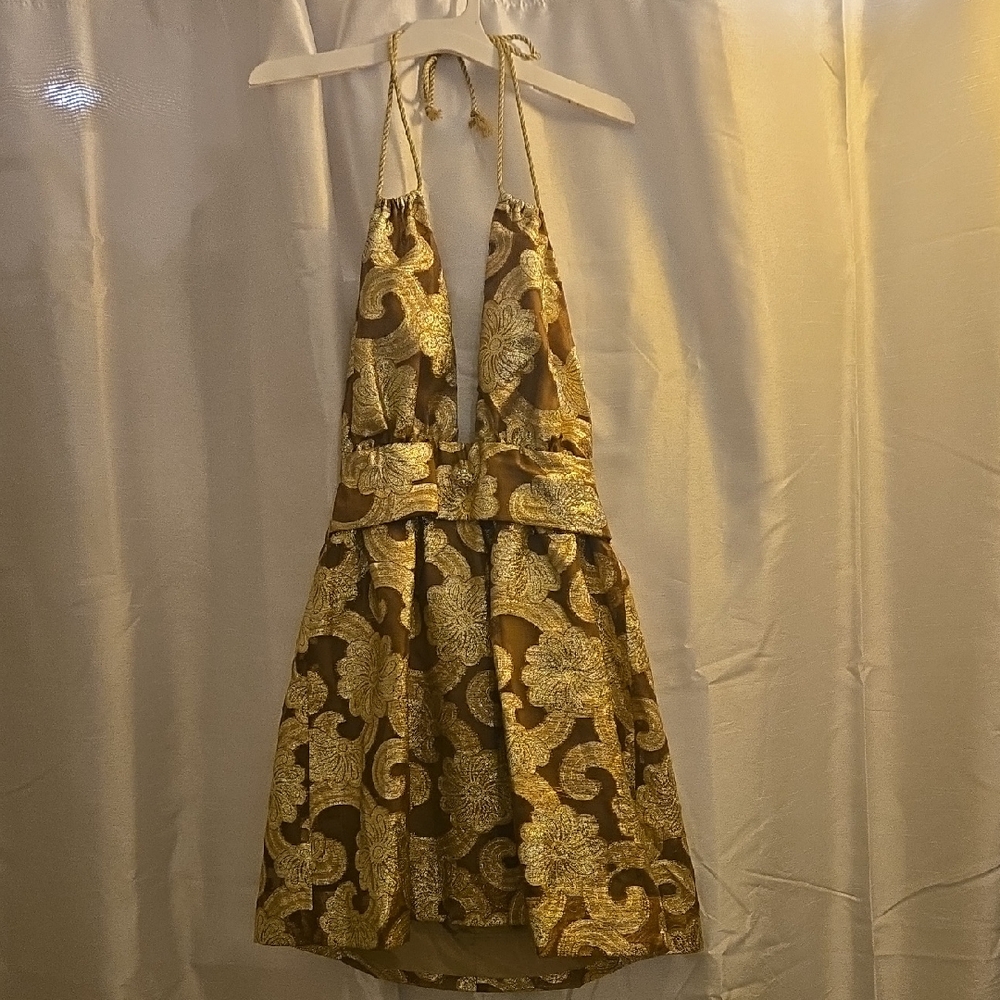 Reworked Gold and Brown Halter Dress